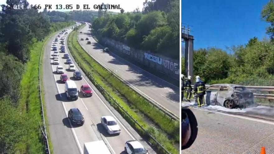 El incendio de un coche en la «Y» a la altura de Serín genera retenciones